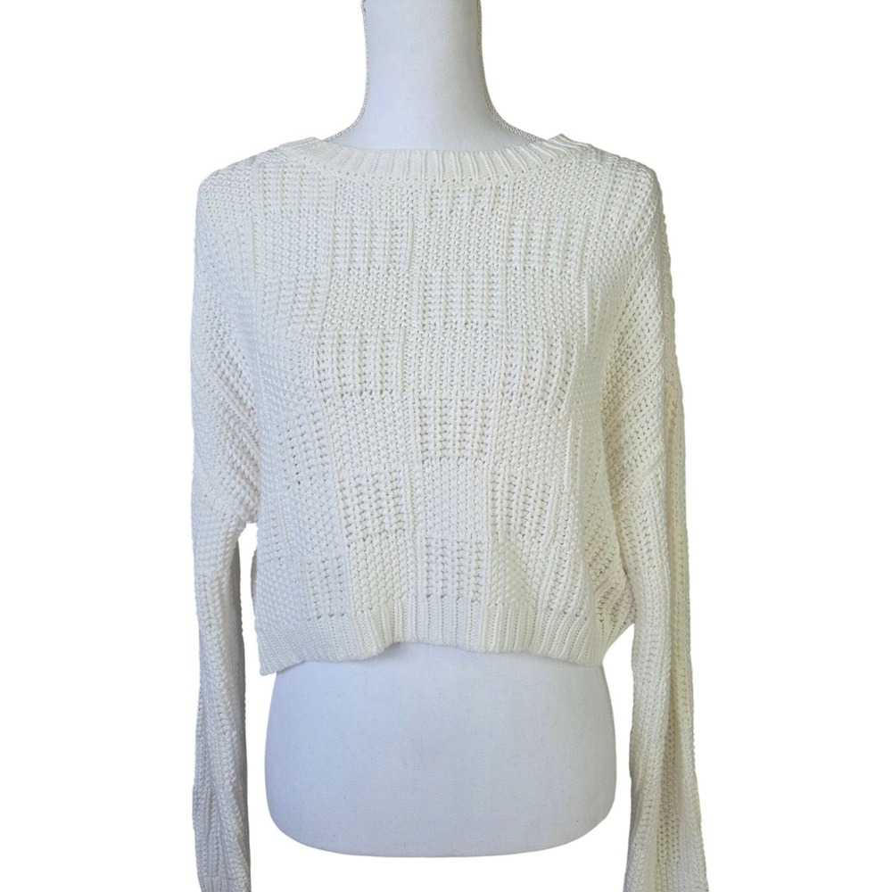 Fisherman Knit Cropped Sweater Cream M Coastal Preppy Chunky Square Weave